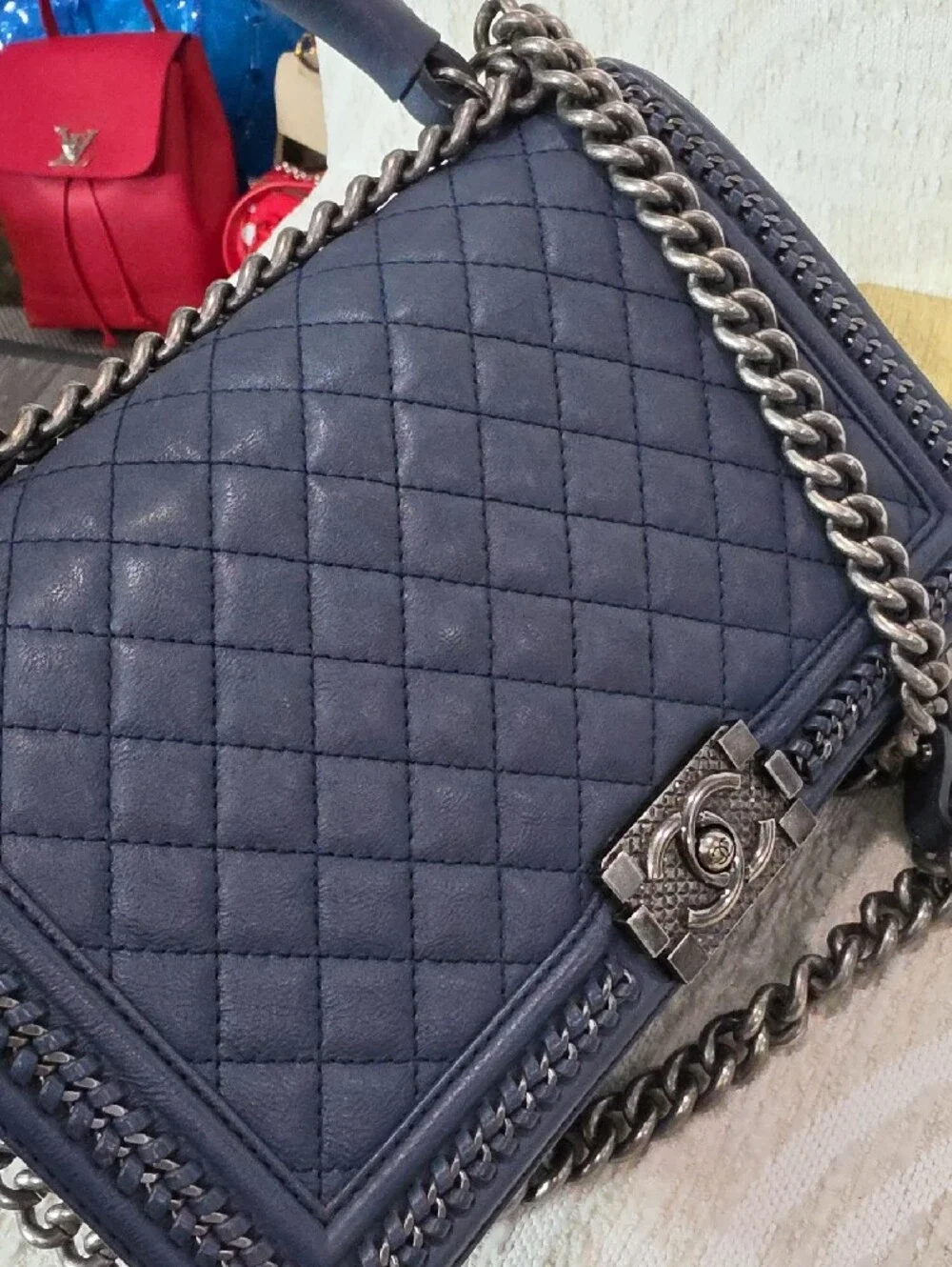 Chanel Boy Large Quilted Navy Leather Chain Top-Handle Shoulder Bag